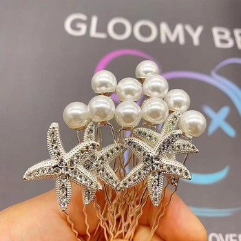 Καρφί μαλλιών σχήματος U με μαργαριράρια και στρας, διακόσμηση με αστερία, μεταλλικό επίχρισμα με ηλεκτροπλατίωση