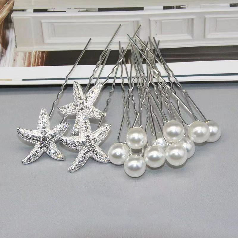 Καρφί μαλλιών σχήματος U με μαργαριράρια και στρας, διακόσμηση με αστερία, μεταλλικό επίχρισμα με ηλεκτροπλατίωση