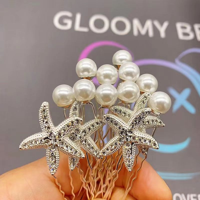 Καρφί μαλλιών σχήματος U με μαργαριράρια και στρας, διακόσμηση με αστερία, μεταλλικό επίχρισμα με ηλεκτροπλατίωση