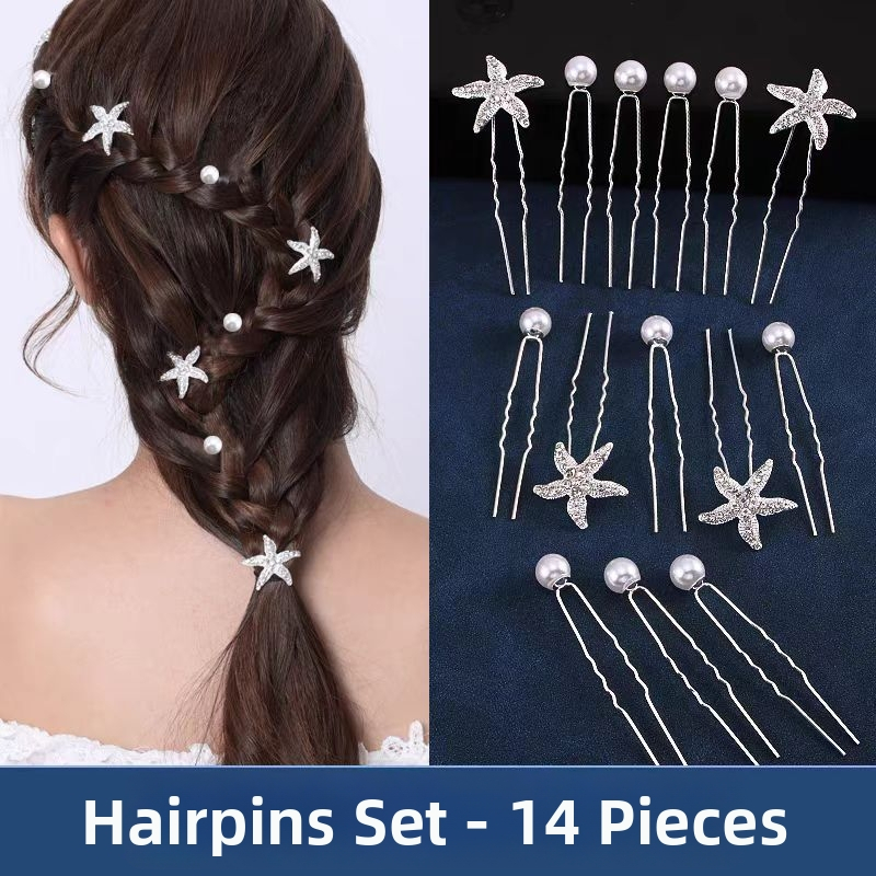 U formas matu sprādze ar pērļām un kristāliem, jūras zvaigzne, metāla elektroplakāta pārklājums