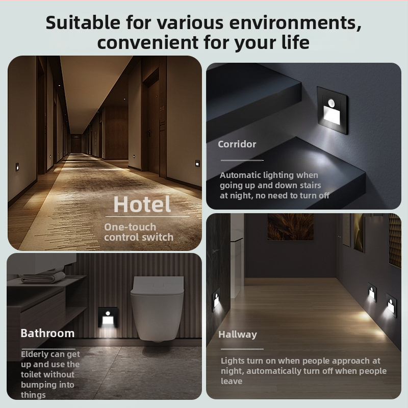 Įmontuojama LED nakčiai lemputė koridoriams ir laiptams su infraraudonųjų spindulių jutikliu, 110-250V, 8 LED, 120 lm, 3500-6500 K