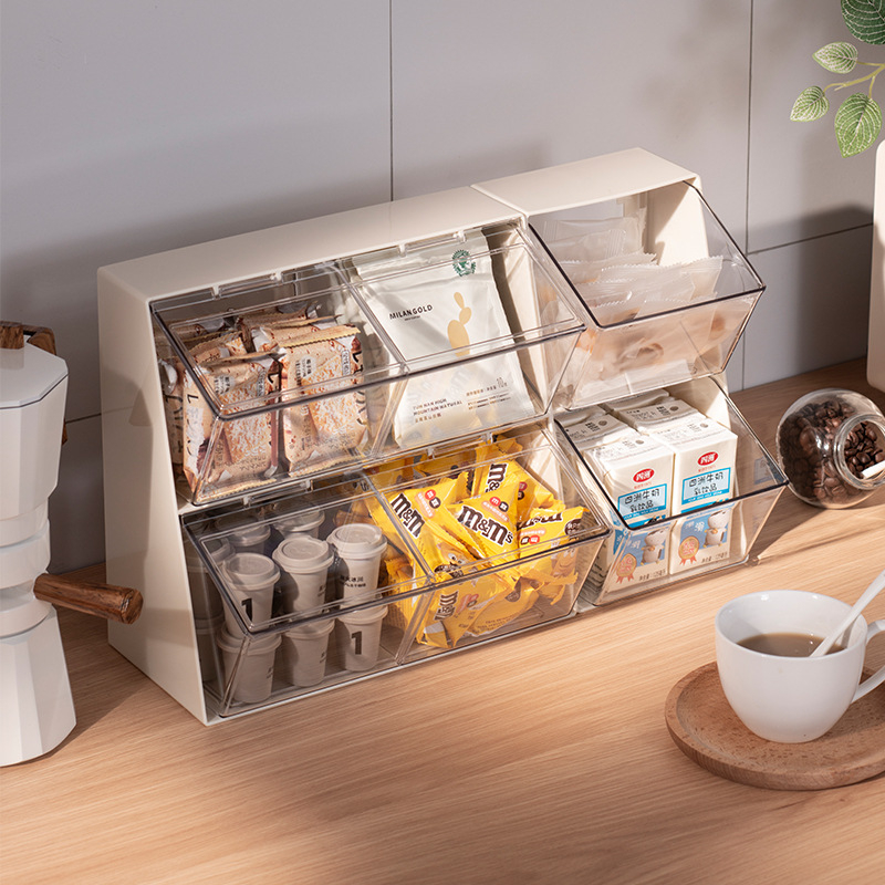 Cutie de depozitare pentru birou – ABS plastic, 12 L, capac anti-praf cu capac rabatabil, pentru pliculete de ceai, capsule de cafea și gustări