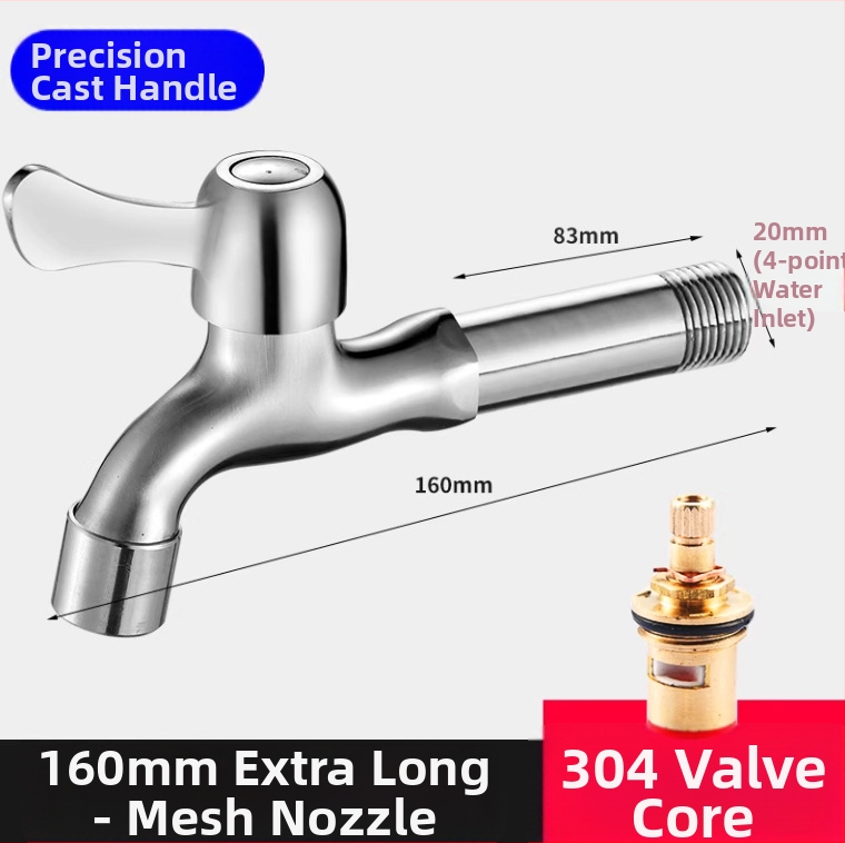 Pesumasinaga kraan 304 roostevabast terasest, seinasse paigaldatav, kiire avamine, kerami disk ventiil, istme diameeter 20 mm