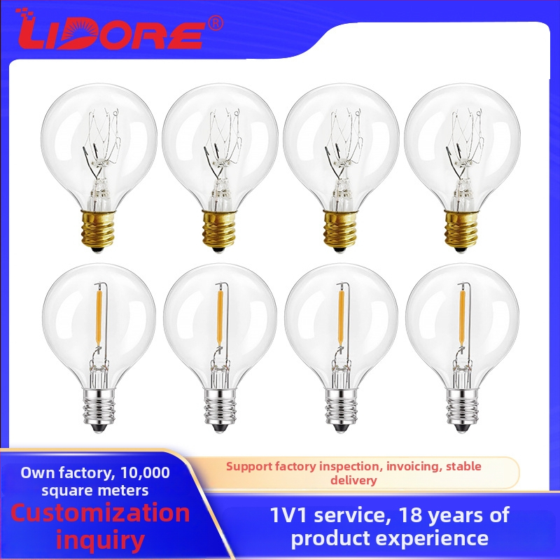 G40 Kalėdinis lauko šviesų gijas – stiklo gaubtas, kištukinis maitinimas, modelis G40-01, 110–240V, 7W volframo lempos arba 0.6W LED lempos