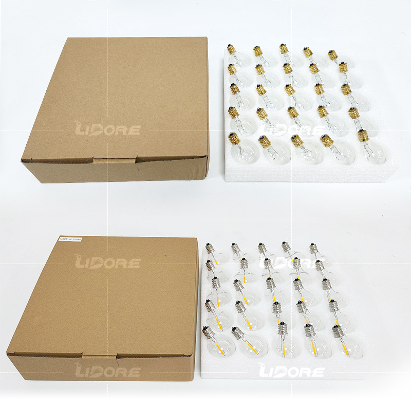 G40 Kalėdinis lauko šviesų gijas – stiklo gaubtas, kištukinis maitinimas, modelis G40-01, 110–240V, 7W volframo lempos arba 0.6W LED lempos