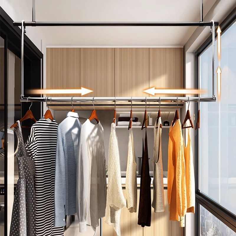 Pochile Balkono teleskopinė skalbinių džiovykla iš nerūdijančio plieno, be gręžimo, sulankstoma, skirta antklodėms ir paklodėms