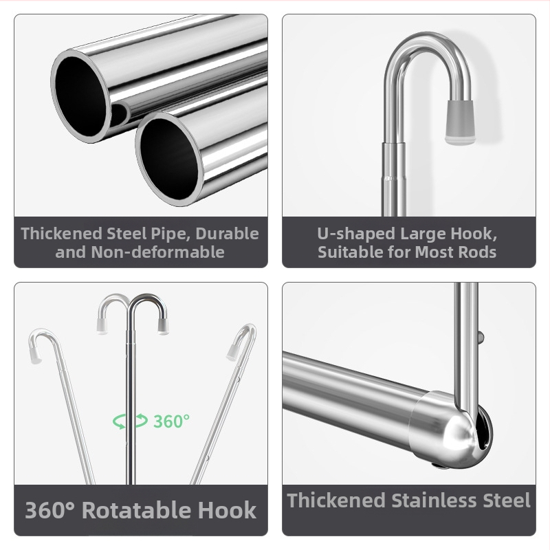 Pochile Balkona teleskopiska veļas žāvēšanas stienis no nerūsējošā tērauda, bez urbumiem, saliekams, piemērots segu un gultas veļai