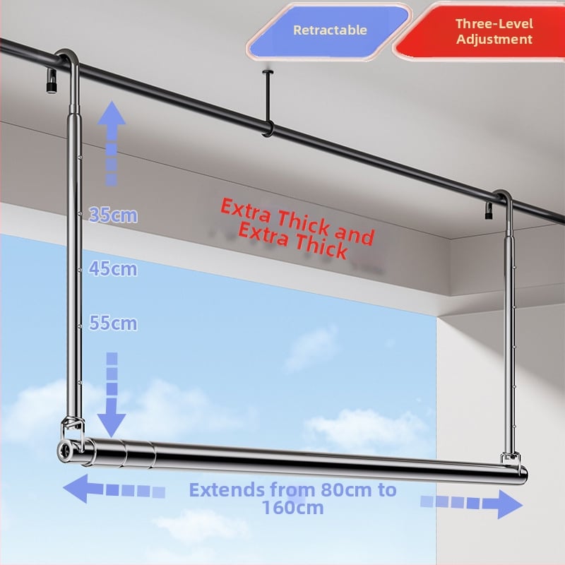 Pochile Balkono teleskopinė skalbinių džiovykla iš nerūdijančio plieno, be gręžimo, sulankstoma, skirta antklodėms ir paklodėms