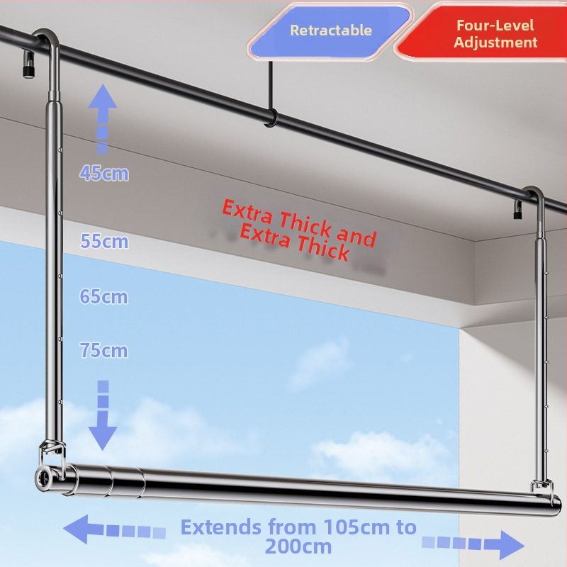 Pochile Balkono teleskopinė skalbinių džiovykla iš nerūdijančio plieno, be gręžimo, sulankstoma, skirta antklodėms ir paklodėms