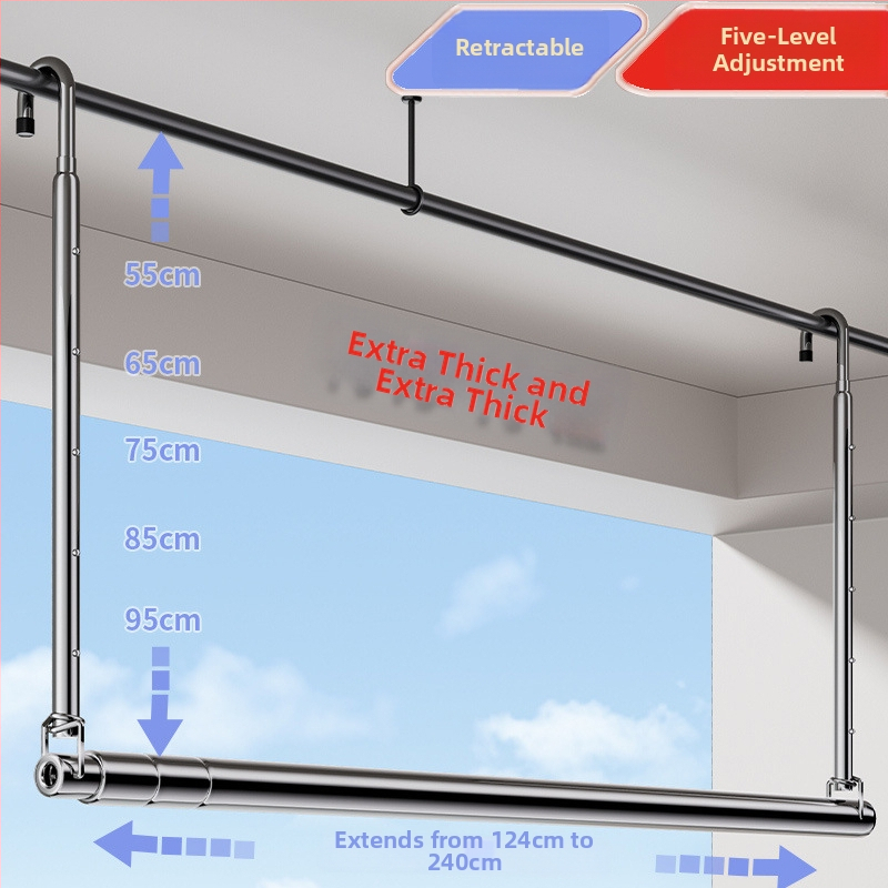 Pochile Balkono teleskopinė skalbinių džiovykla iš nerūdijančio plieno, be gręžimo, sulankstoma, skirta antklodėms ir paklodėms