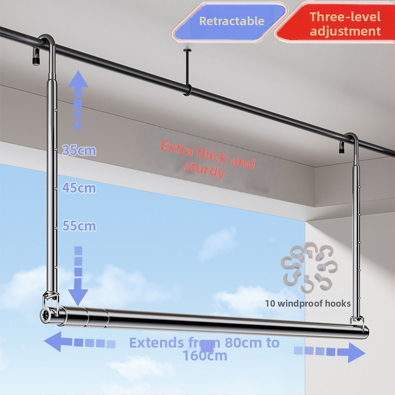 Pochile Balkono teleskopinė skalbinių džiovykla iš nerūdijančio plieno, be gręžimo, sulankstoma, skirta antklodėms ir paklodėms