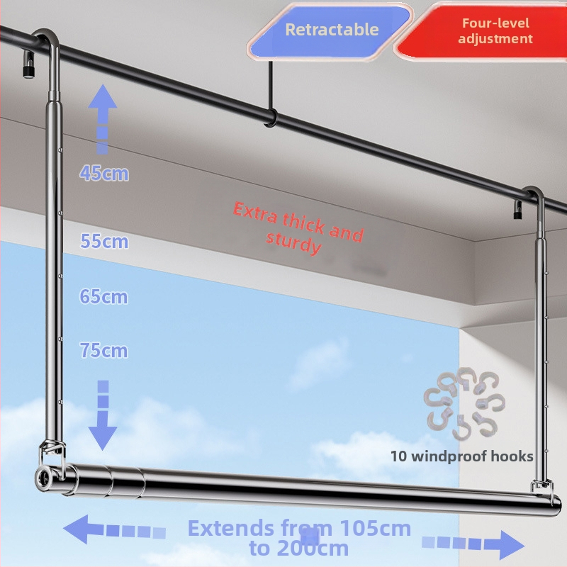 Pochile Balkono teleskopinė skalbinių džiovykla iš nerūdijančio plieno, be gręžimo, sulankstoma, skirta antklodėms ir paklodėms