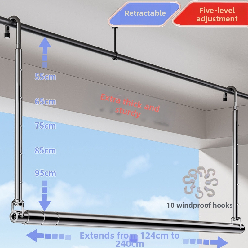 Pochile Balkono teleskopinė skalbinių džiovykla iš nerūdijančio plieno, be gręžimo, sulankstoma, skirta antklodėms ir paklodėms
