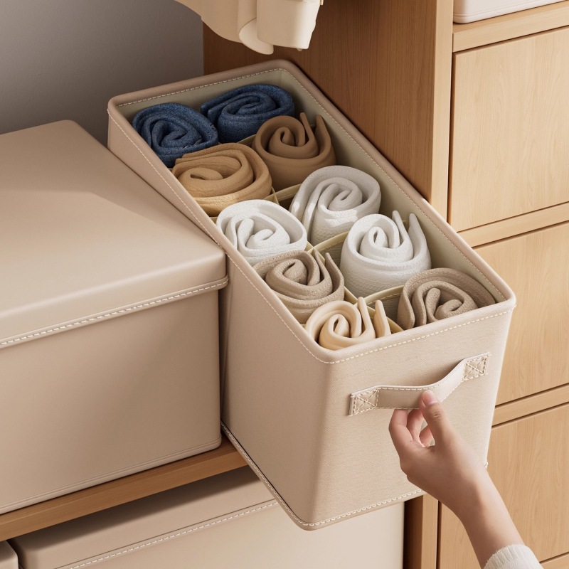 Ruhatároló doboz összehajtható rekeszekkel, 18 literes kapacitás, pamut és len anyagból, Slit wardrobe storage box