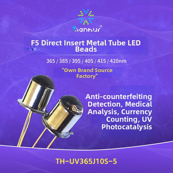 UV LED inline metalinio vamzdelio lemputė 365 nm ultravioletinė diodų šviesa biocheminiams detekcijoms, 20 mA, 3.2–4.0 V, 0.08–0.1 W, sklaidos kampas 10°