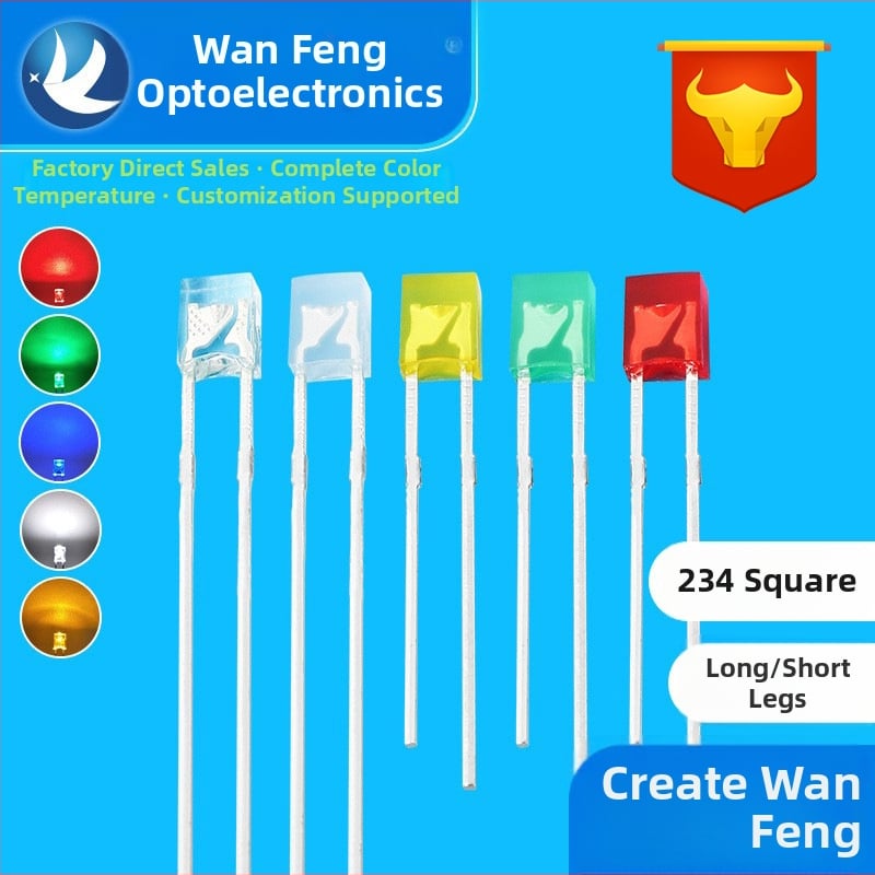 Kvadrātveida LED indikatoru lodītes – Sanan čips, 1.8–3.4 V, 20 mA, 0.06 W, gaismas plūsma 3.5–4.3 lm