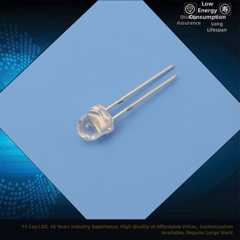 LED karoliukai 5 mm, modelis F5, tiesioginė montavimas, 2,8–3,2 V, 20 mA, 0,2 W, 60° spindulys, šviesos srautas 7–8 lm