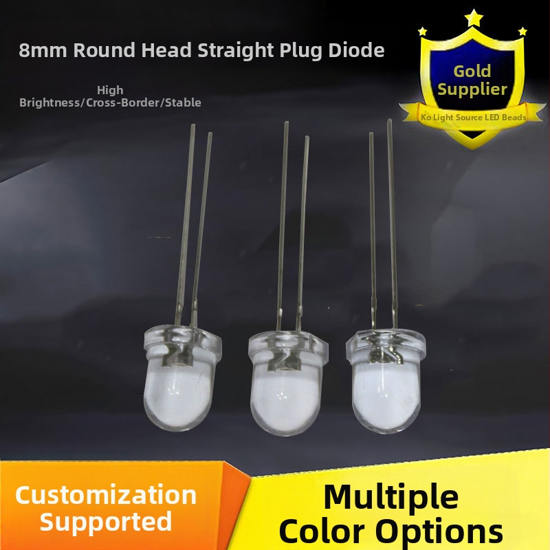 LED diode ar apaļas galvas, caurspīdīgu malu, garas kājiņas, tiešs pieslēgums; darba strāva 20 mA, darba spriegums 3.0–3.4 V, jauda 0.06 W, CRI 70–80, starojuma leņķis 30°