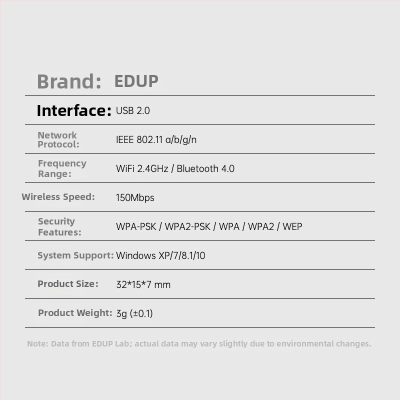 EDUP EP-N8568 USB Bevielė tinklo kortelė Bluetooth adapteris - 2.4 GHz, 150 Mbps, IEEE 802.11b/g/n