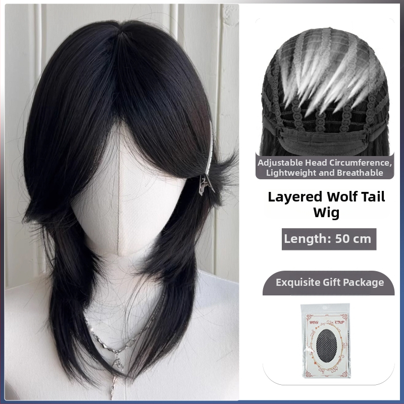 Parūka ar mullet stilu ar vilka asti, universāla, pilna galvas pārklājums, termiski izturīgas sintētiskās šķiedras, gari bangs