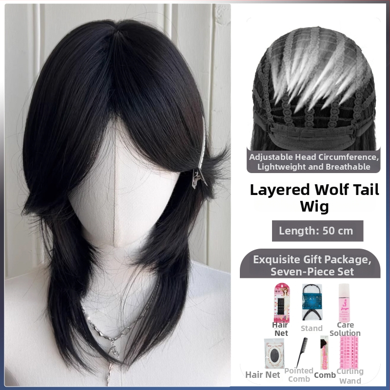 Parūka ar mullet stilu ar vilka asti, universāla, pilna galvas pārklājums, termiski izturīgas sintētiskās šķiedras, gari bangs