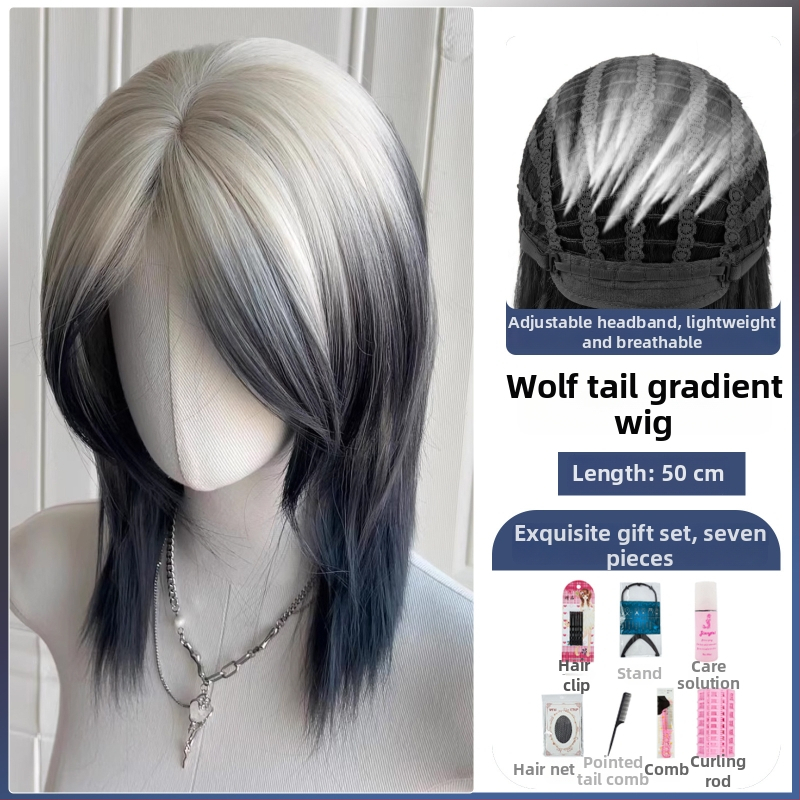 Parūka ar mullet stilu ar vilka asti, universāla, pilna galvas pārklājums, termiski izturīgas sintētiskās šķiedras, gari bangs