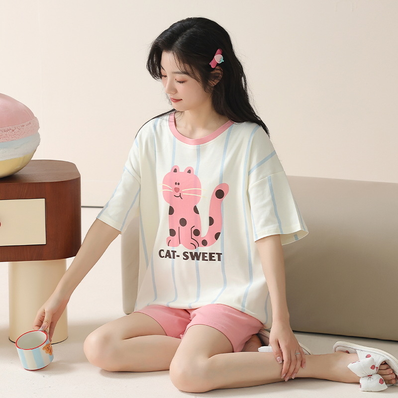 Kaheosaline pijamakomplekt 100% puuvillast, lühikeste varrukatega ringkaelaga top ja lühikesed püksid, kerge suvine ööriietus, hingav ja antibakteriaalne