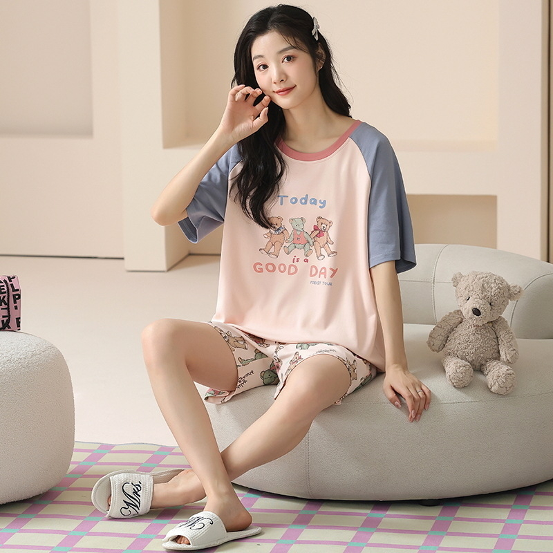 Kaheosaline pijamakomplekt 100% puuvillast, lühikeste varrukatega ringkaelaga top ja lühikesed püksid, kerge suvine ööriietus, hingav ja antibakteriaalne