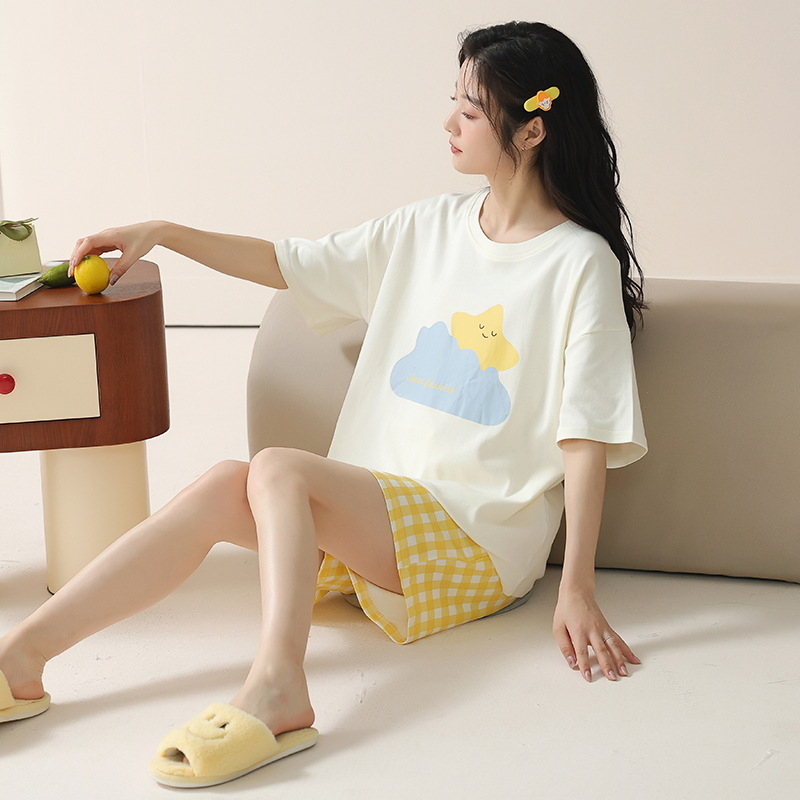 Kaheosaline pijamakomplekt 100% puuvillast, lühikeste varrukatega ringkaelaga top ja lühikesed püksid, kerge suvine ööriietus, hingav ja antibakteriaalne