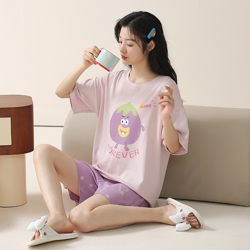 Kaheosaline pijamakomplekt 100% puuvillast, lühikeste varrukatega ringkaelaga top ja lühikesed püksid, kerge suvine ööriietus, hingav ja antibakteriaalne