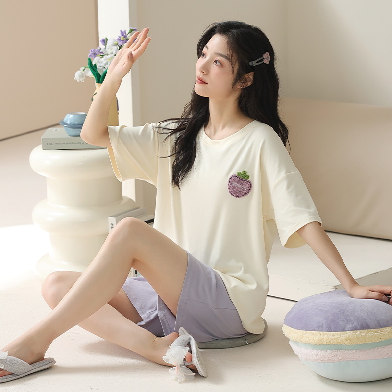 Kaheosaline pijamakomplekt 100% puuvillast, lühikeste varrukatega ringkaelaga top ja lühikesed püksid, kerge suvine ööriietus, hingav ja antibakteriaalne