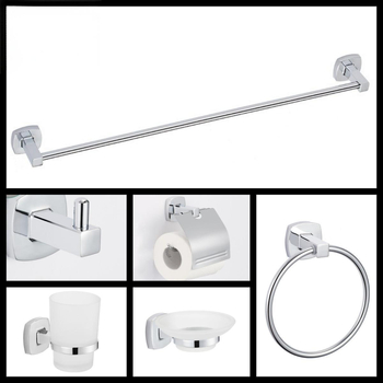 Set accesorii baie din aliaj de zinc cu placare electrolitică — șase piese: bară prosoape, suport hârtie igienică, plasă săpun; stil modern minimalist