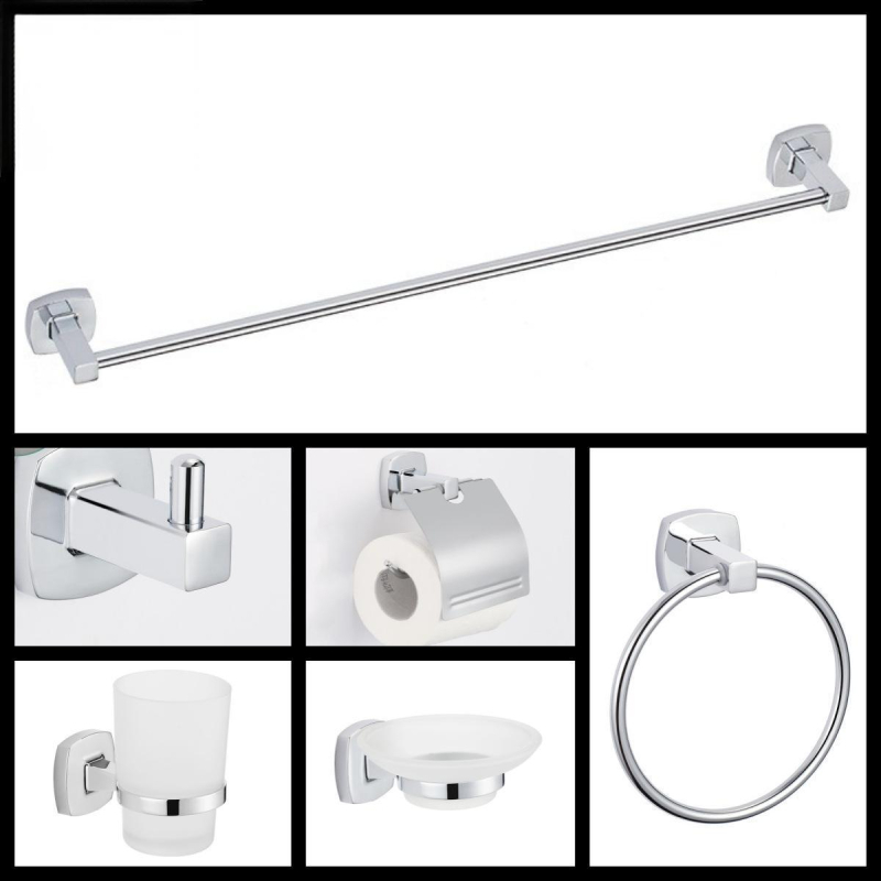 Set accesorii baie din aliaj de zinc cu placare electrolitică — șase piese: bară prosoape, suport hârtie igienică, plasă săpun; stil modern minimalist