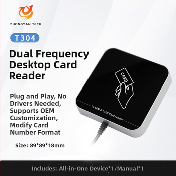 ZY-T304 USB bekontaktis RFID skaitytuvas prieigos kontrolei, dviejų dažnių (125 kHz + 13,56 MHz), ID/IC kortelėms, skaitymo diapazonas 2-5 cm, skaitymo laikas 0,2 s