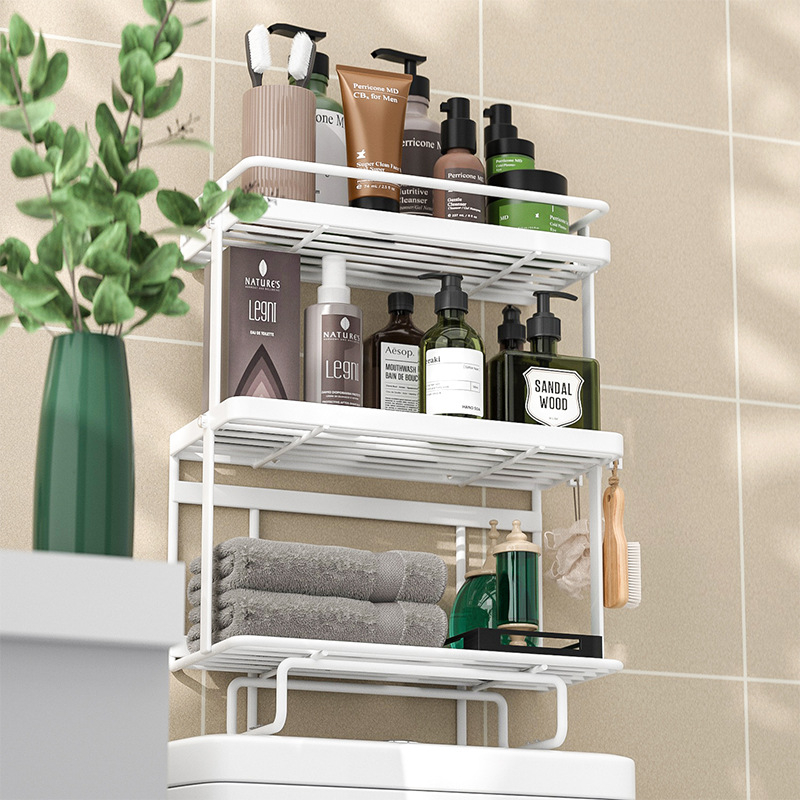 Kétszintes vasból készült WC-fölötti tároló, padlóra szerelhető, fúrás nélküli fürdőszobai tároló