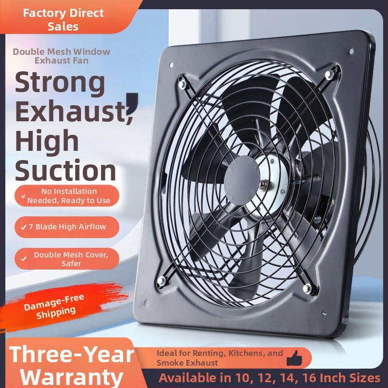 Virtuvės lango išmetimo ventiliatorius, 1400W, 220V/50Hz, pakabinamas montavimas, plieninis korpusas, modelis 004