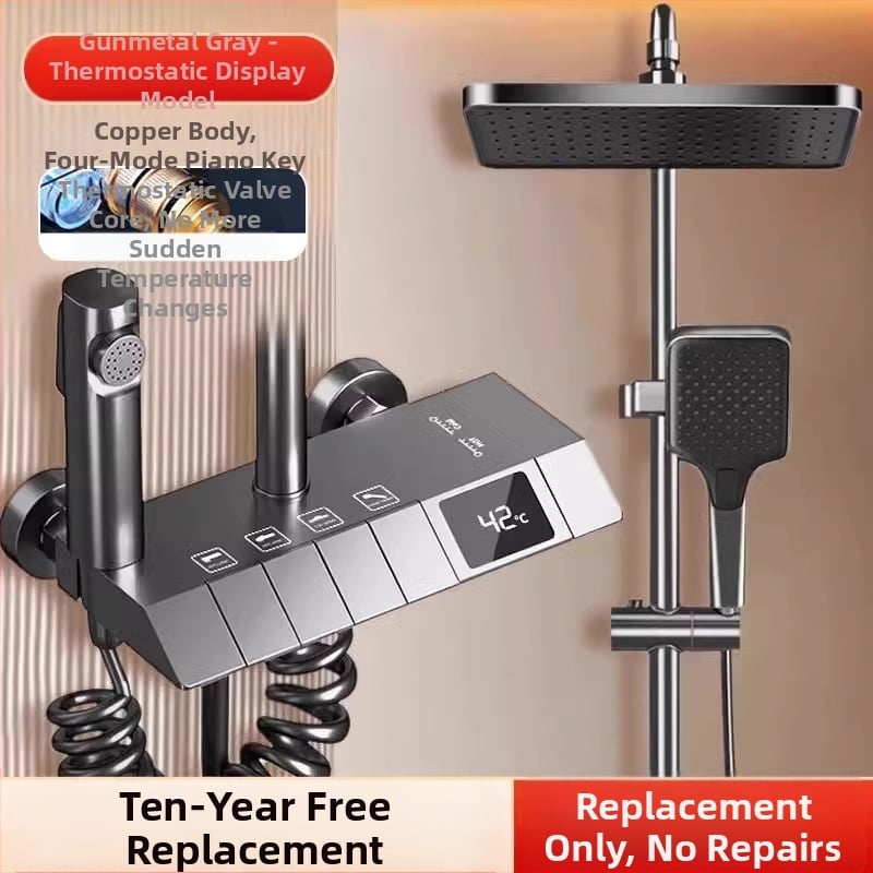 Dušo komplektas su skaitmeniniu ekranu, įmontuojamas, kvadratinė dušo galva, pasukamas laikiklis su pakėlimu, iš dalies varinis