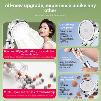 Slėginė filtruota dušos galva, ABS korpusas, filtravimas su dechloravimu ir neigiamais jonais, trijų srauto režimų, darbinė temperatūra 0–99°C