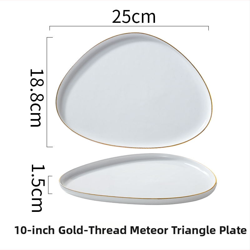 Porcelininė trikampė kepsninės lėkštė, šiaurietiškas stilius, auksinis kraštas, keraminė lėkštė su išskirtine forma