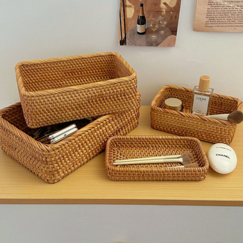 Bambusovo pletený úložný kôš, retro štýl, stolný organizér na diaľkové ovládanie, kozmetiku a časopisy