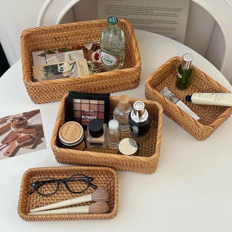 Bambusovo pletený úložný kôš, retro štýl, stolný organizér na diaľkové ovládanie, kozmetiku a časopisy