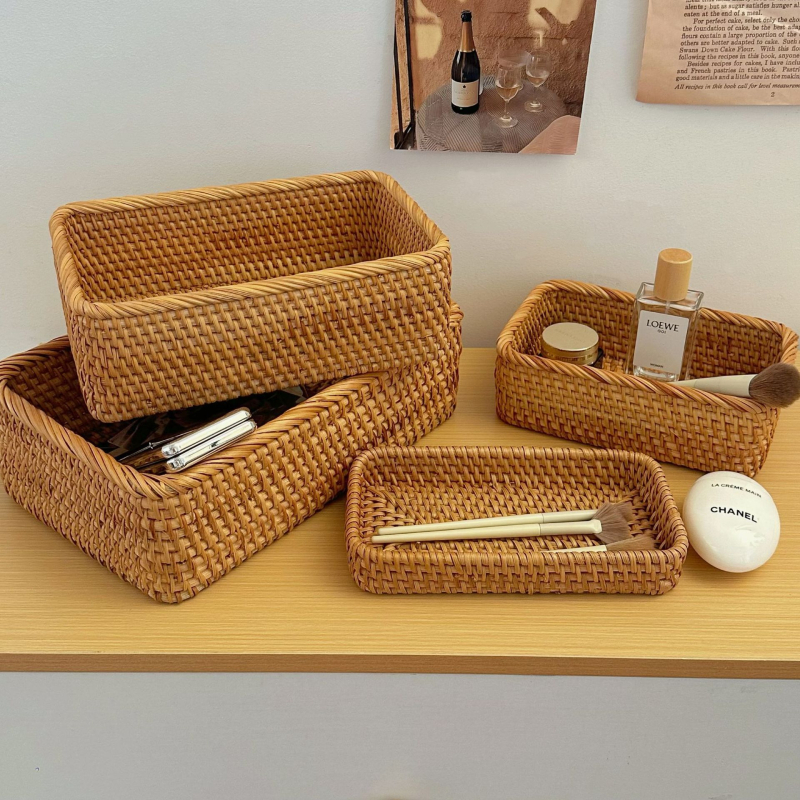 Bambusovo pletený úložný kôš, retro štýl, stolný organizér na diaľkové ovládanie, kozmetiku a časopisy
