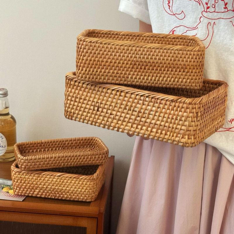 Bambusovo pletený úložný kôš, retro štýl, stolný organizér na diaľkové ovládanie, kozmetiku a časopisy