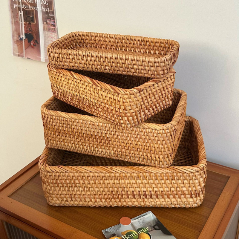 Bambusovo pletený úložný kôš, retro štýl, stolný organizér na diaľkové ovládanie, kozmetiku a časopisy