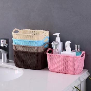 Mini coș de depozitare cu împletitură de ratan imitativ, plastic, cu mâner, multifuncțional, stil japonez