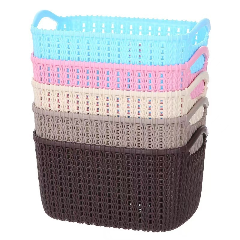 Mini coș de depozitare cu împletitură de ratan imitativ, plastic, cu mâner, multifuncțional, stil japonez