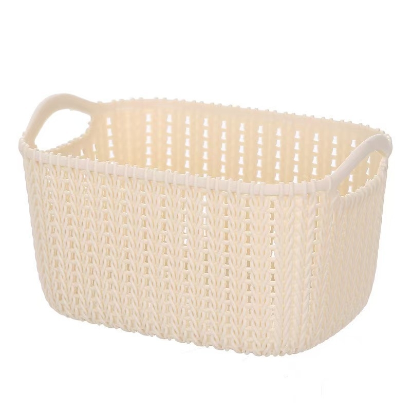 Mini coș de depozitare cu împletitură de ratan imitativ, plastic, cu mâner, multifuncțional, stil japonez