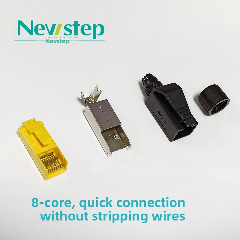 Pass-Through RJ45 jungtis, Crimp tipas, 4/8 branduoliai, 22-26 AWG, be izolacijos šalinimo, Cat5e/Cat6a