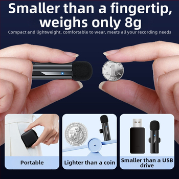 Lavalier mikrofons ar iebūvētu akumulatoru 50–100 mAh; frekvenču diapazons 20 Hz–20 kHz; SNR ≥60 dB; kustama spole