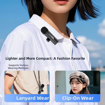 Lavalier mikrofons ar iebūvētu akumulatoru 50–100 mAh; frekvenču diapazons 20 Hz–20 kHz; SNR ≥60 dB; kustama spole